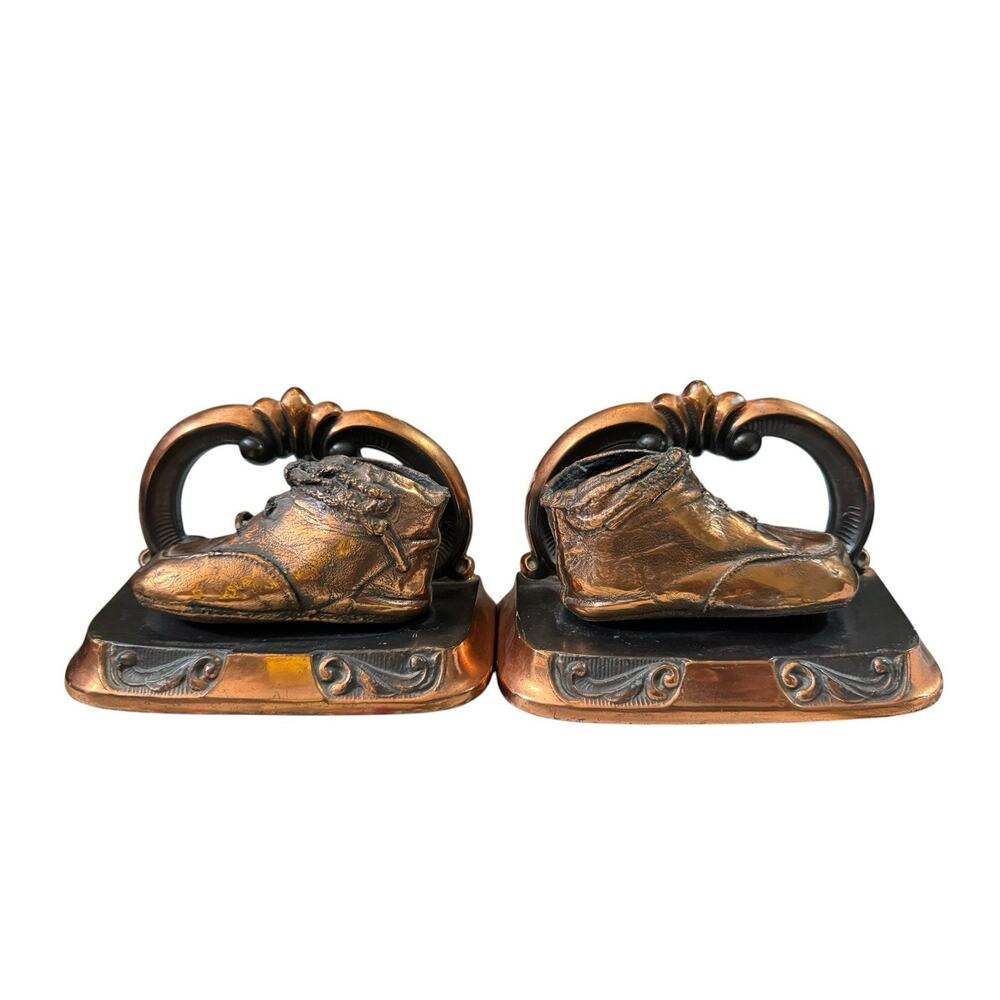 Vintage Bronzed Baby Shoes Bookends MCM Mid Century Modern Nursery Decor